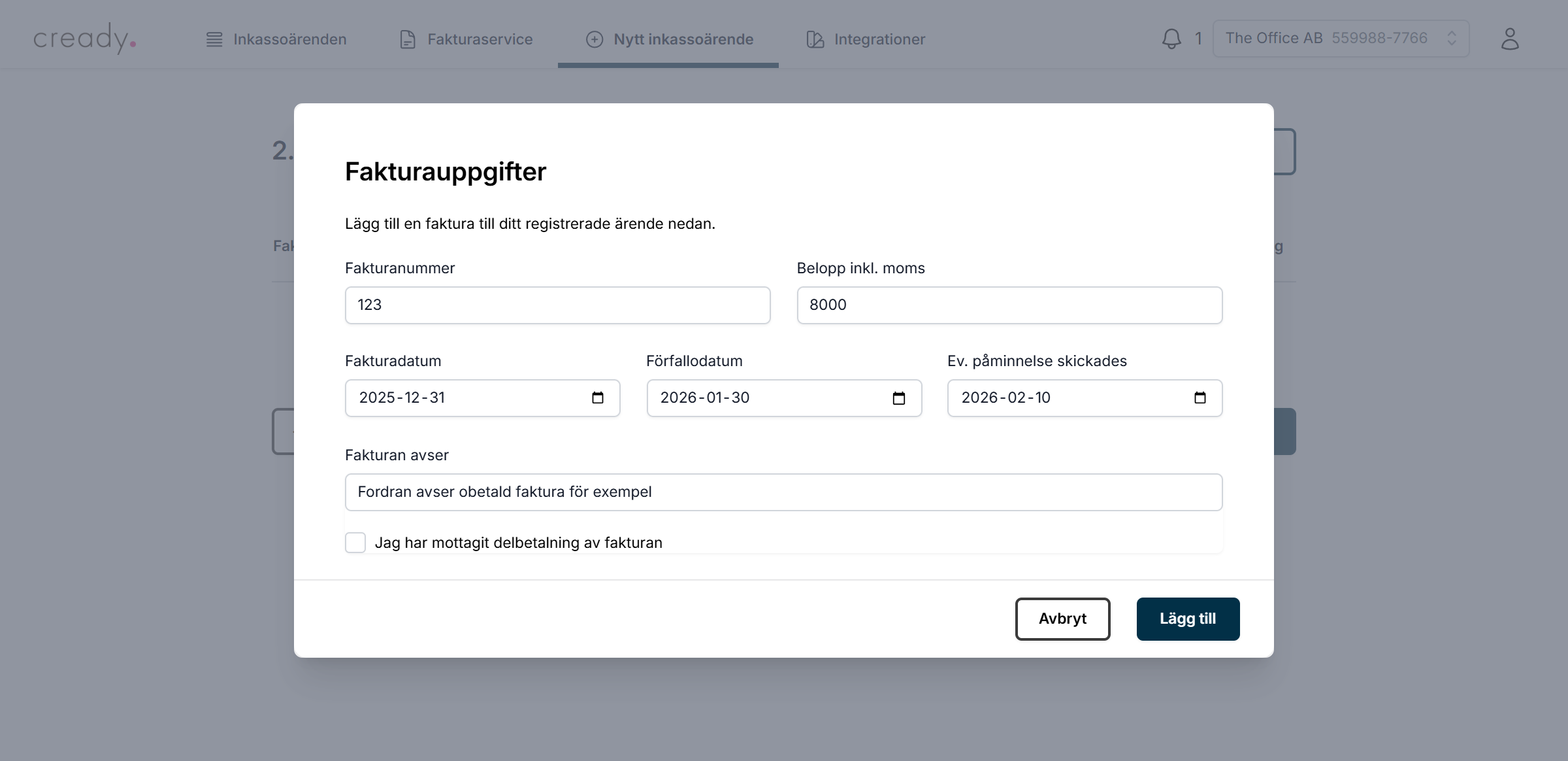Registrera nytt inkassoärende